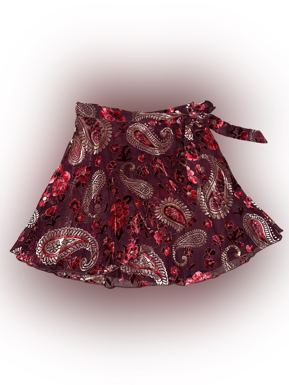 Miami Burgundy Burn Out Velvet Faux Wrap Skirt Paisley Size Med Holiday Romantic